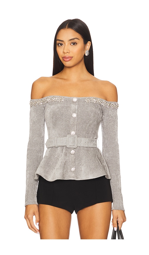 Self-portrait Grey Chenille Knit Crystal Trim Top Clothing In Gray
