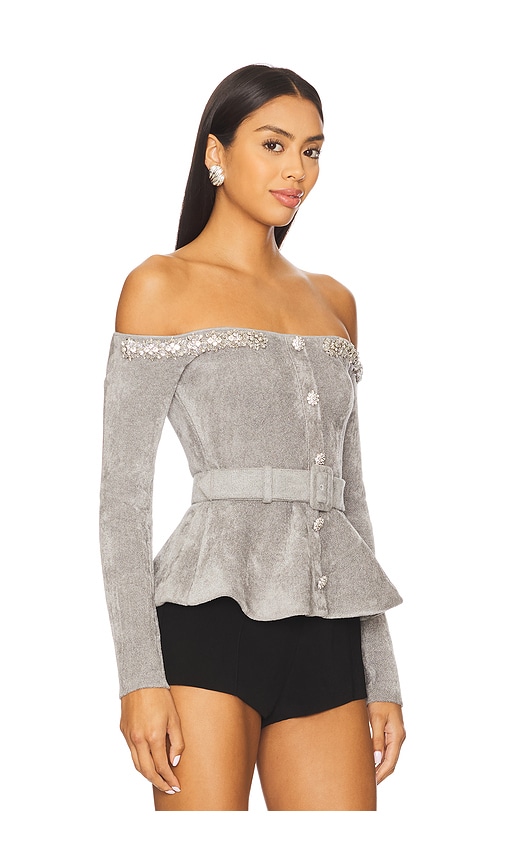 Self-portrait Grey Chenille Knit Crystal Trim Top Clothing In Gray