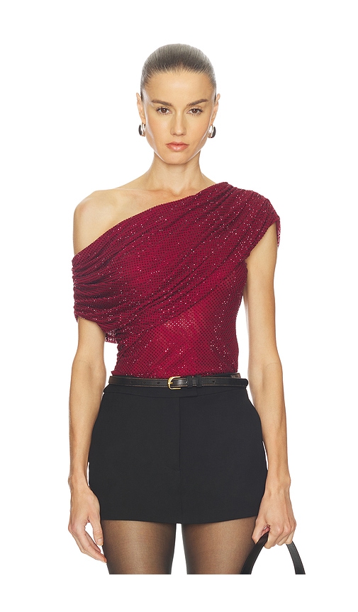 self-portrait Burgundy Rhinestone Drape Top in Burgundy | REVOLVE