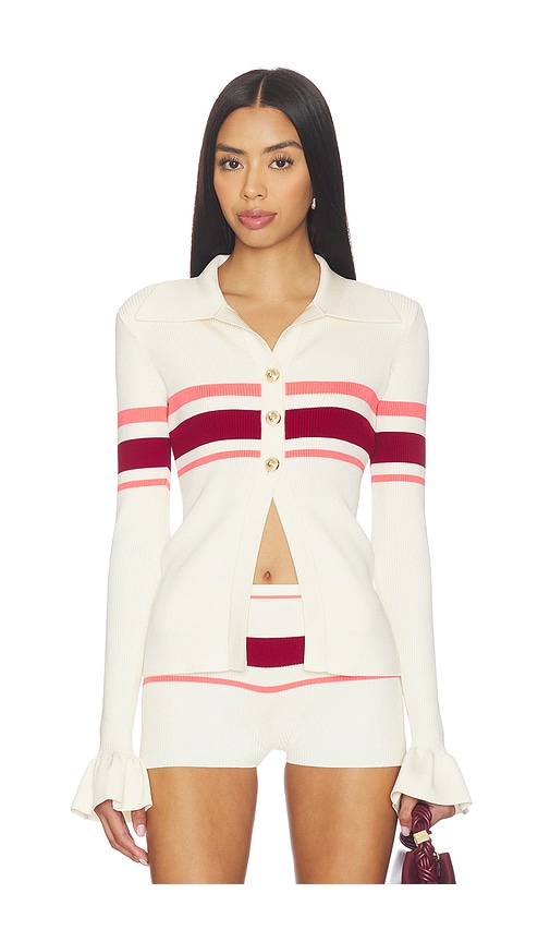 self-portrait Cream Stripe Viscose Knit Button Top