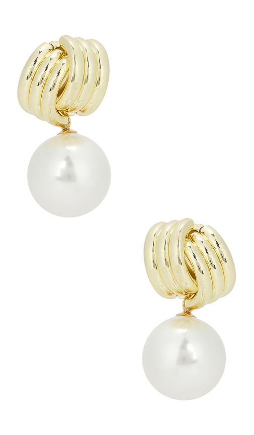 Knot Pearl Drop Earring in Metallic Gold.