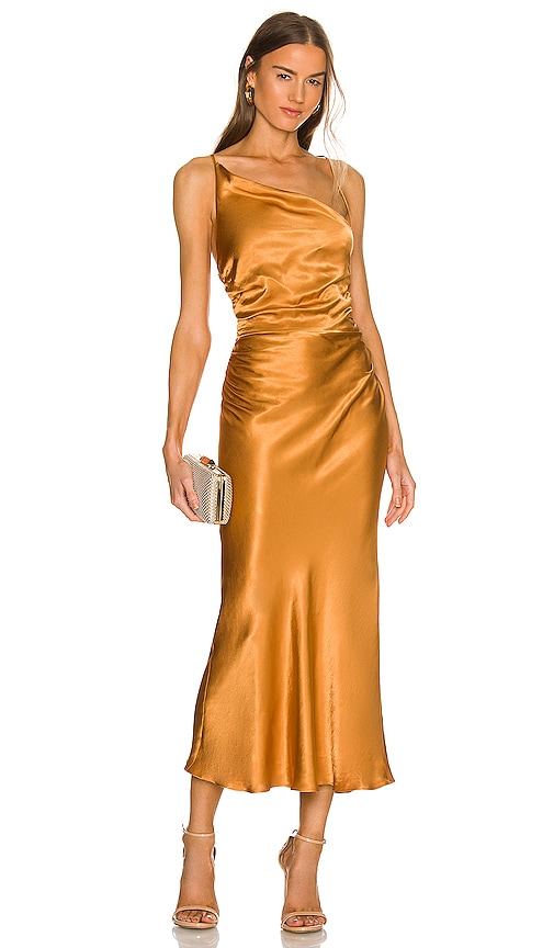 Shona Joy Alma Asymmetrical Bias Cowl Midi Dress in Turmeric | REVOLVE