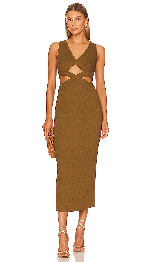 Shona Joy Simone V Neck Cut Out Midi Dress in Cumin