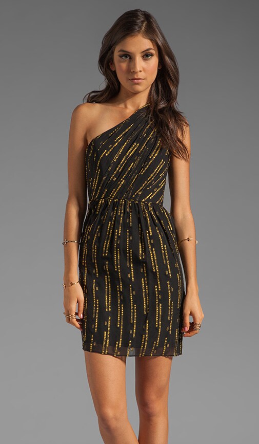 black and gold one shoulder dress