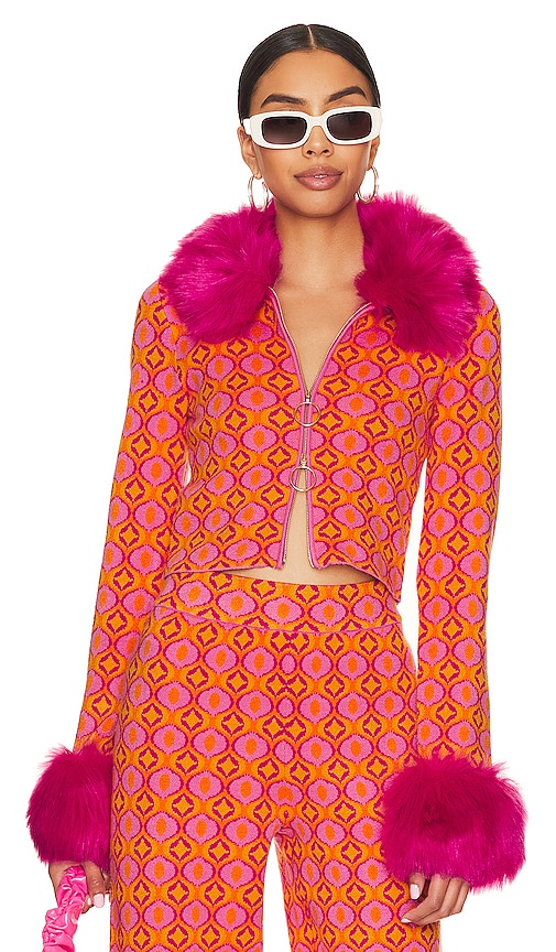 Show Me Your Mumu Zermatt Faux Fur Zip Up In Pink Geo Jacquard