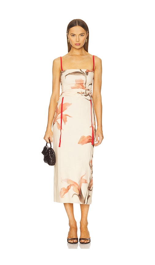 sir hana ruched midi dress SIR. Hana Ruched Midi Dress in Gladioli Print