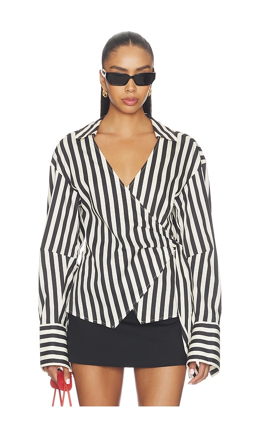 SIMONMILLER Anya Poplin Wrap Top en Black & White. Taille S. Also en XS, M, L, XL.