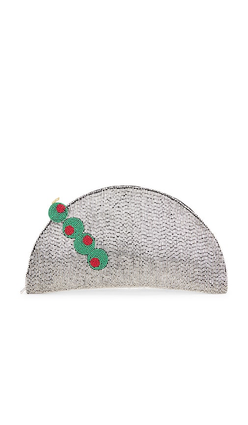 SIMONMILLER Beaded Lune Clutch in Metallic Silver.