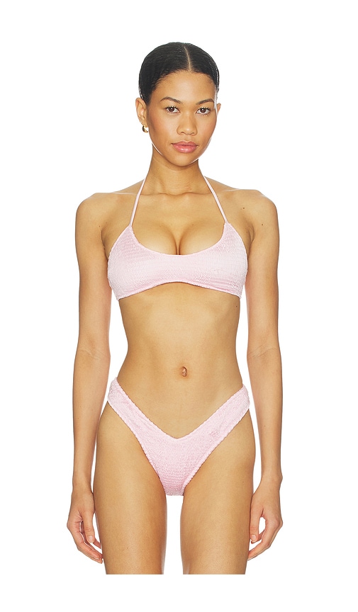SKIMS Satin Swim Smocked Scoop Bikini Top
