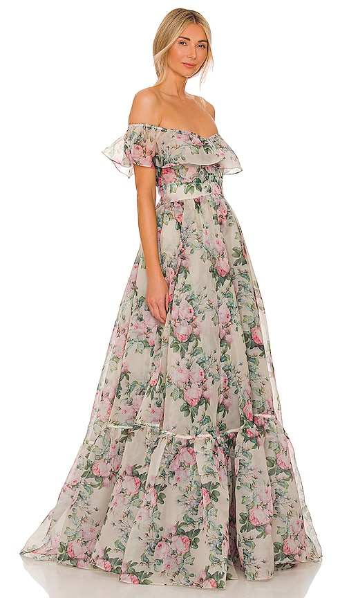 Delphia | Green Floral Print High-Neck Maxi Dress