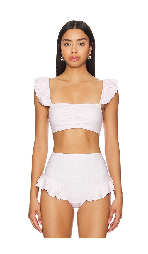 Shop Selkie The Ruffle Bikini Top In Baby Pink Gingham