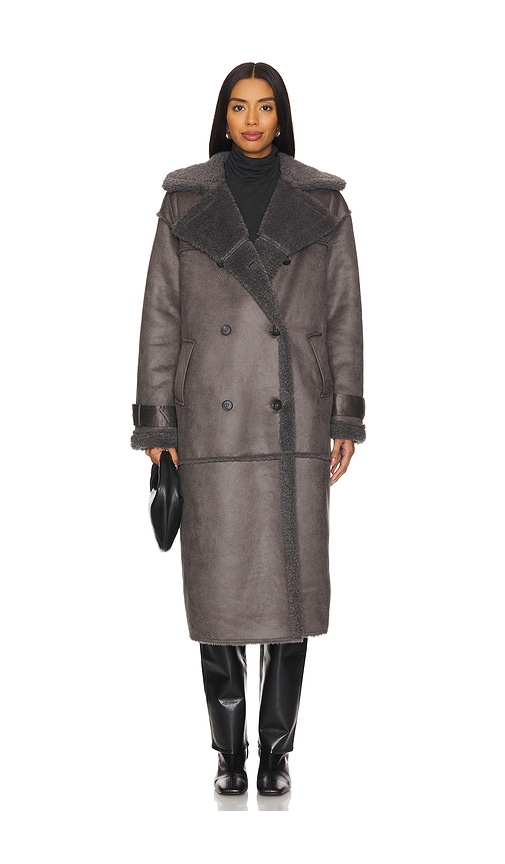 Steve Madden Eiffel Faux Shearling Double Breasted Coat In Grey