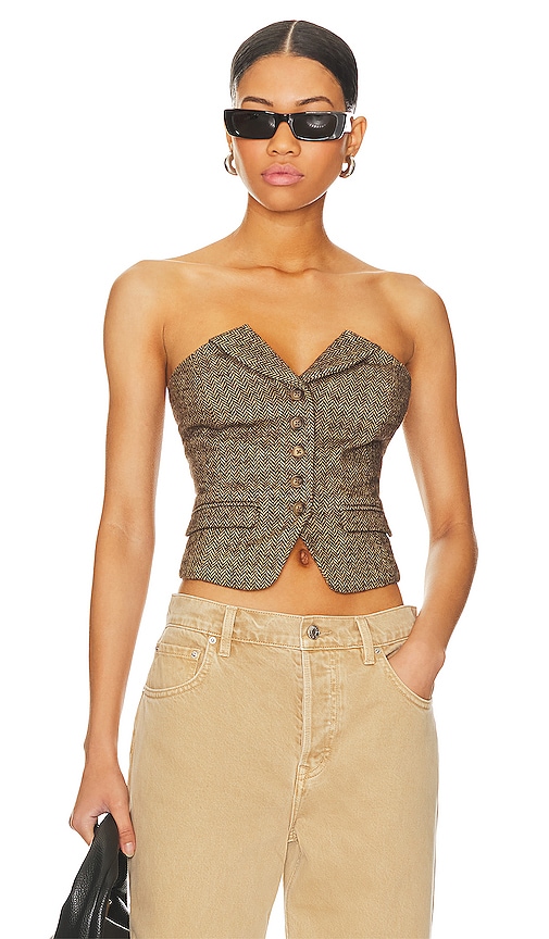Product image of Steve Madden Adare Bustier Top in Brown Herringbone. Click to view full details