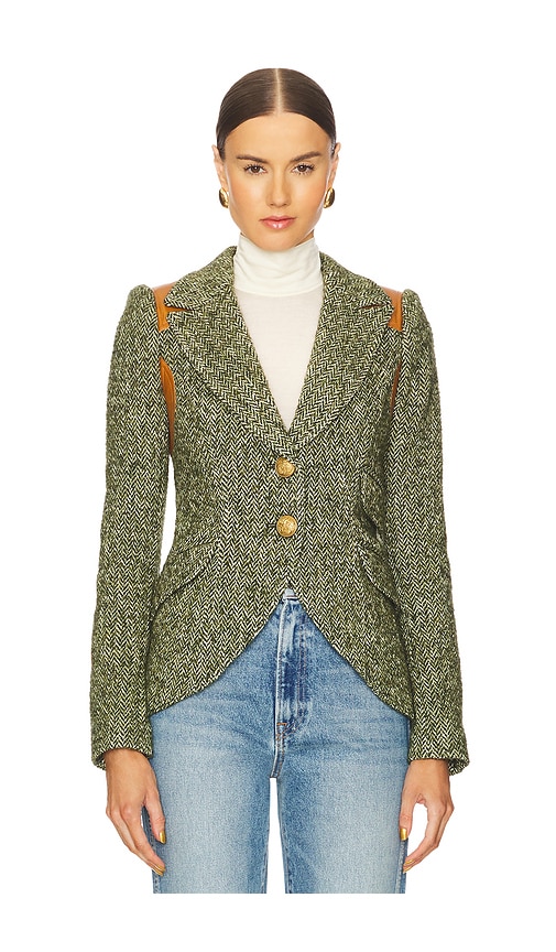 Smythe Rifle-patch Equestrian Blazer in Moss Herringbone