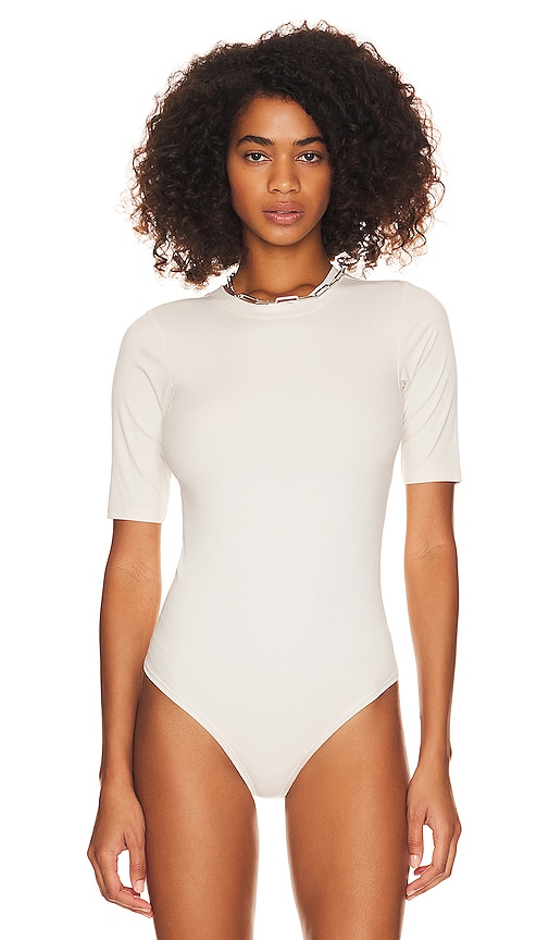 Shop Spanx Suit Yourself Ribbed Short Sleeve Bodysuit In Parchment