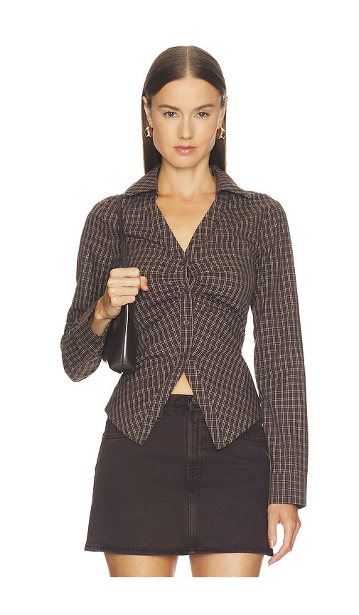 Superdown Kylie Lace Up Back Top In Brown Plaid