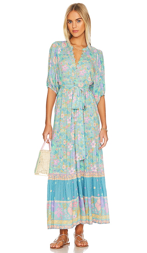 Shop Spell Hibiscus Lane Button Through Gown In Baby Blue