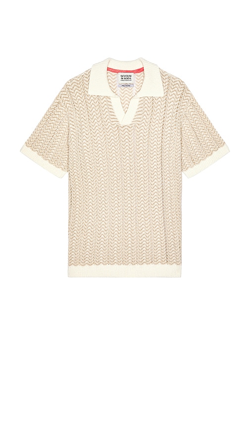 Open Structured Knitted V-Neck Shirt in Cream. - size S (also in L, M, XL/1X)