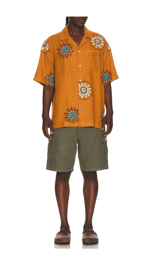  Scotch & Soda Embroidered Linen Relaxed Fit Short Sleeve Shirt In Orange. Size S. Also In M, L, Xl/1x. 