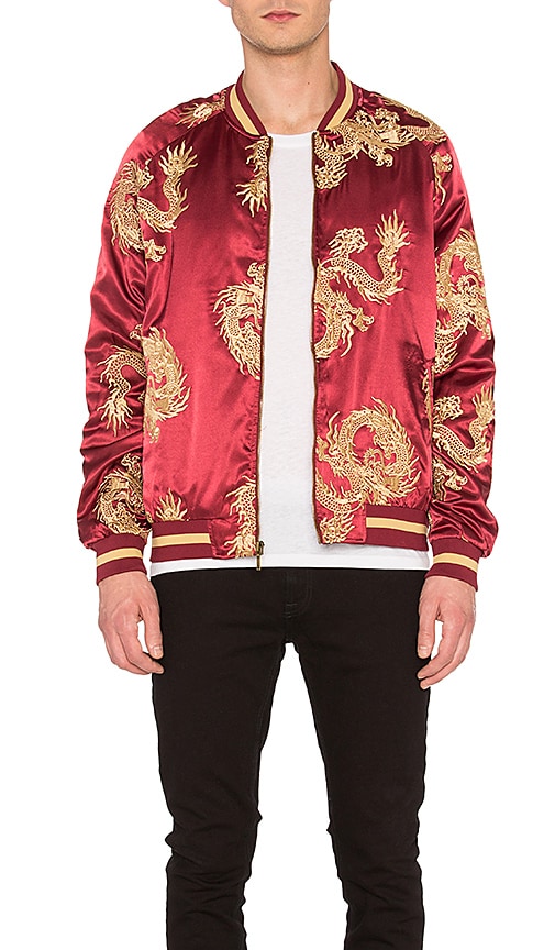 Standard Issue Dragon Bomber Jacket in Burgundy & Gold | REVOLVE