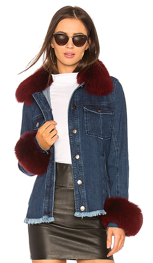 burgundy denim jacket with fur