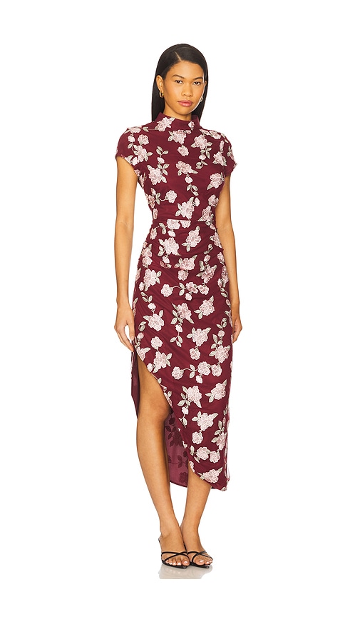 Rotate Birger Christensen Asymmetrical Mesh Midi Dress With Floral Embroidery In Burgundy