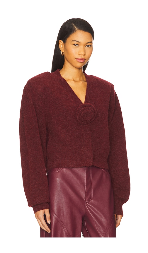 Rotate Birger Christensen Rose-embellished Puff-sleeve Cardigan In Burgundy