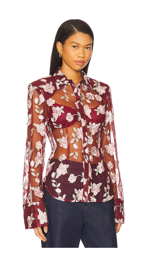 Rotate Birger Christensen Mesh Fitted Shirt In Burgundy