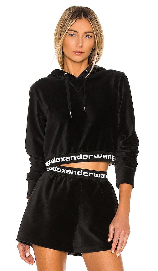 Alexander Wang Stretch Corduroy Cropped Long Sleeve Hoodie in Black