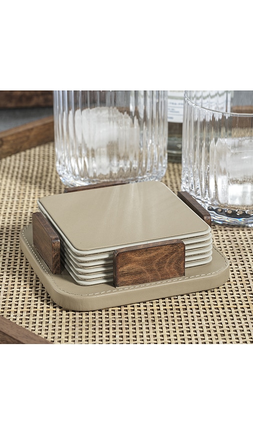 The Favorites Sotto Leather With Burl Veneer Coaster Set Of 6 In Brown