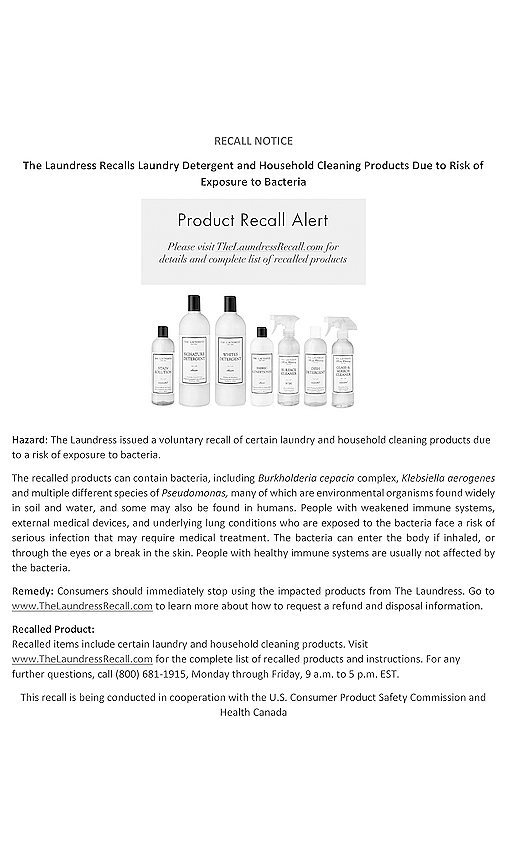 The Laundress Recalls Laundry Detergent and Household Cleaning Products Due  to Risk of Exposure to Bacteria