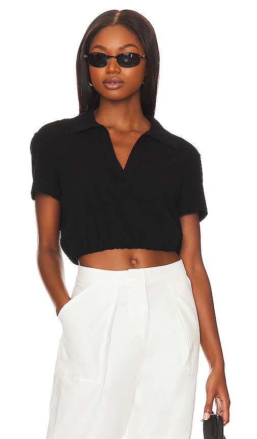 The Range Sueded Jersey Bubble Cropped Polo in Jet Black