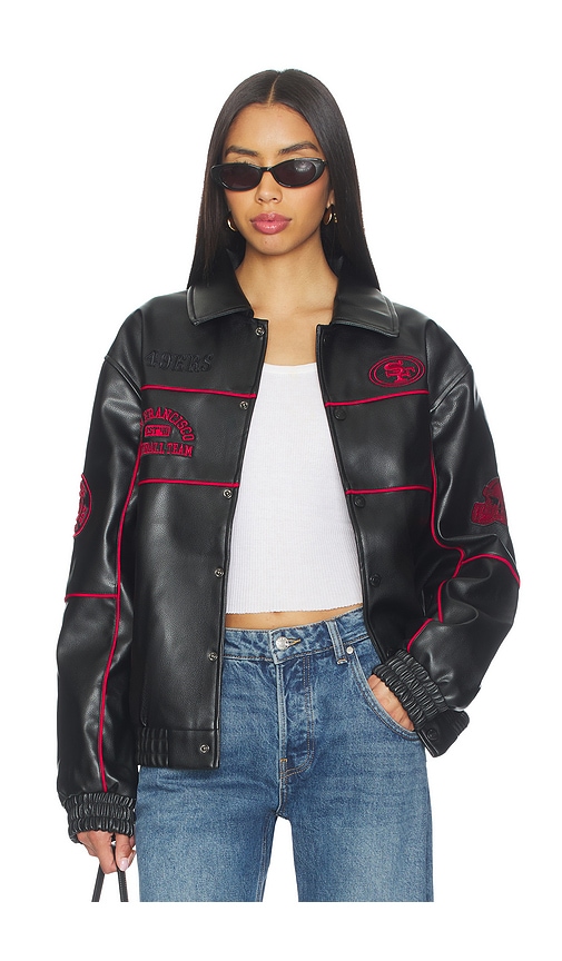 The Wild Collective 49ers Faux Leather Racing Jacket In Black