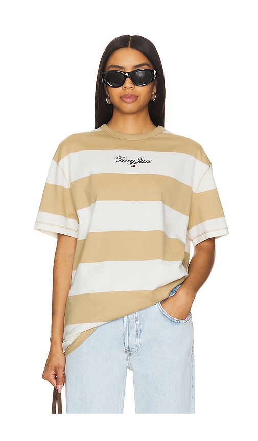 Shop Tommy Jeans Bold Stripe Tee In Tawny Sand Multi