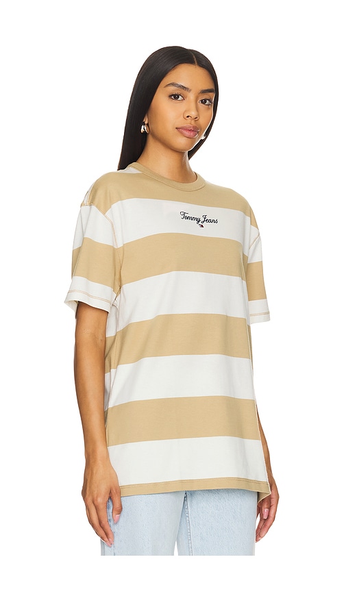 Shop Tommy Jeans Bold Stripe Tee In Tawny Sand Multi