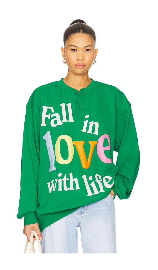 Fall in Love With Life Henley Sweatshirt in Green. - size S/M (also in L/XL, M/L, XS)