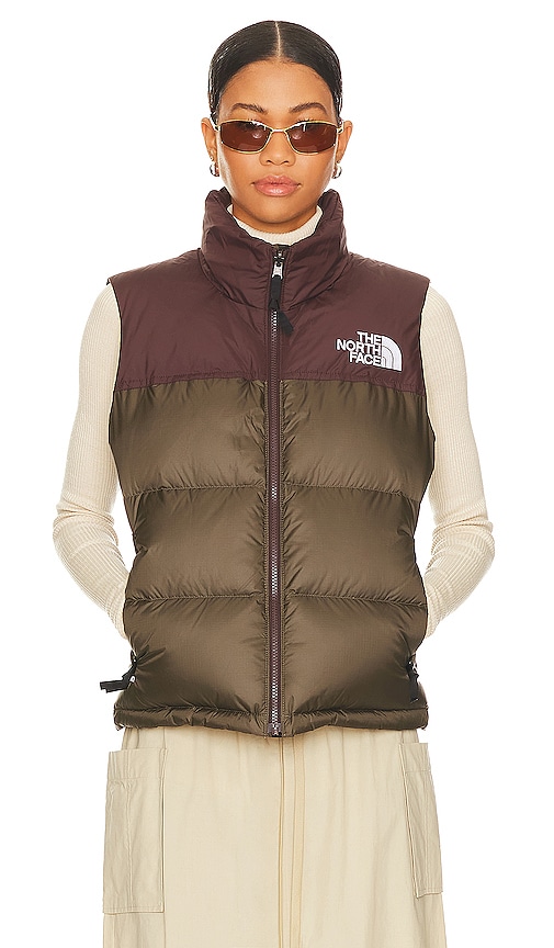 The North Face 1996 Retro Nuptse Waistcoat In New Taupe Green & Coal Brown