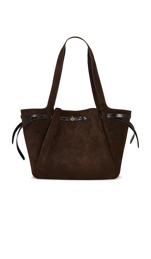 Tory Burch Romy Suede Tote Bag in Chocolate.