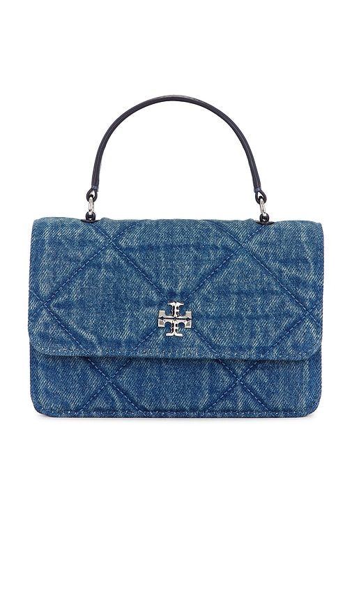  Tory Burch Kira Diamond Quilt Denim Mini Top Handle Chain Wallet In Blue. 