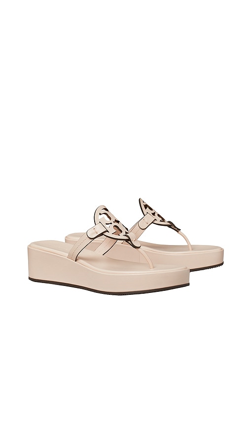 Tory Burch Miller Leather Logo Wedge Thong Sandals In Pink