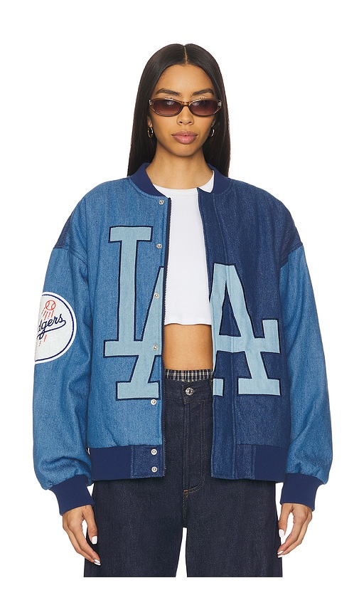 Terez x REVOLVE Dodgers Denim Logo Bomber in Denim Dark & Medium