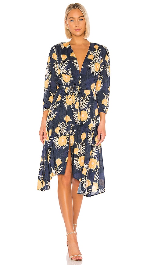 Birds of Paradis by Trovata Ainsley Boho Dress in Navy & Gold Floral