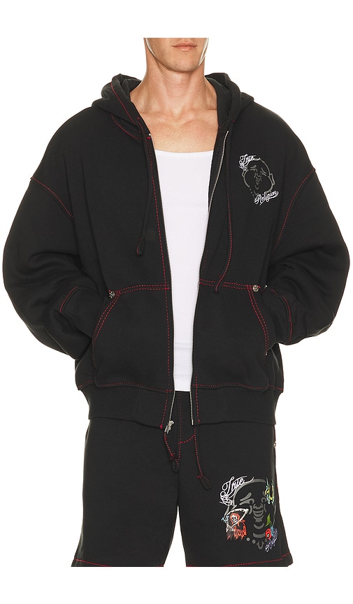 True Religion Buddha Face Big T Boxy Zip Up Hoodie