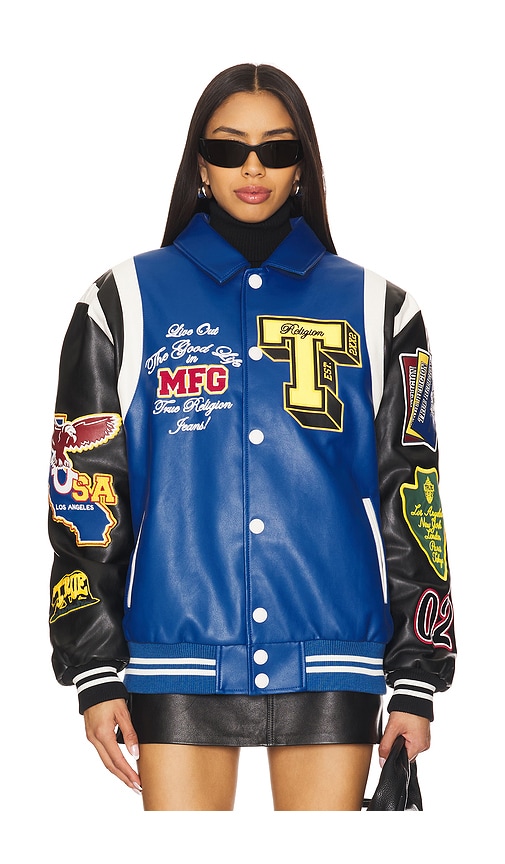 Shop True Religion Color Block Puffer Bomber Jacket In 蓝色 & 黑色