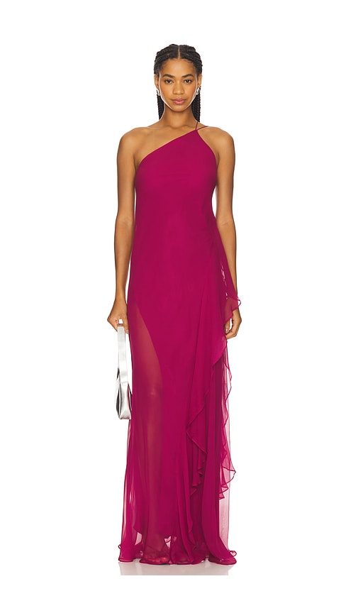 One Shoulder Ruffle Gown in Burgundy. - size 8 (also in 0, 10, 2, 4)
