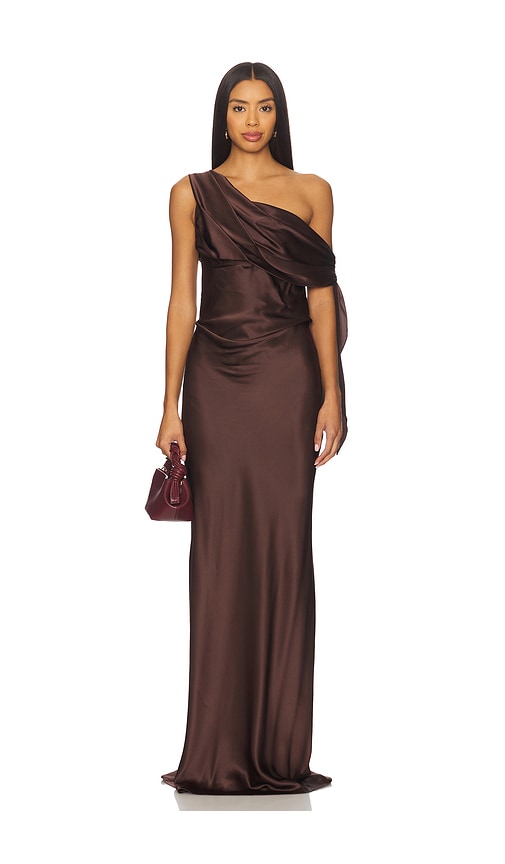 The Sei Draped Asymmetrical Silk Satin Gown In Brown