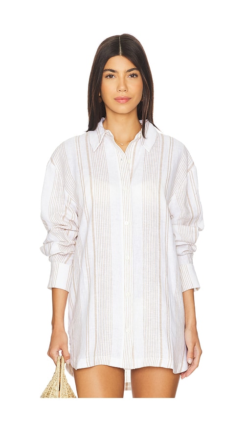 Shop Tularosa Linda Button Up In Beige & White Stripe