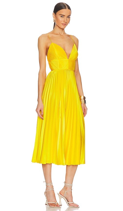 Shop Amur Viv Mitered Pleating Dress In Yellow Tang