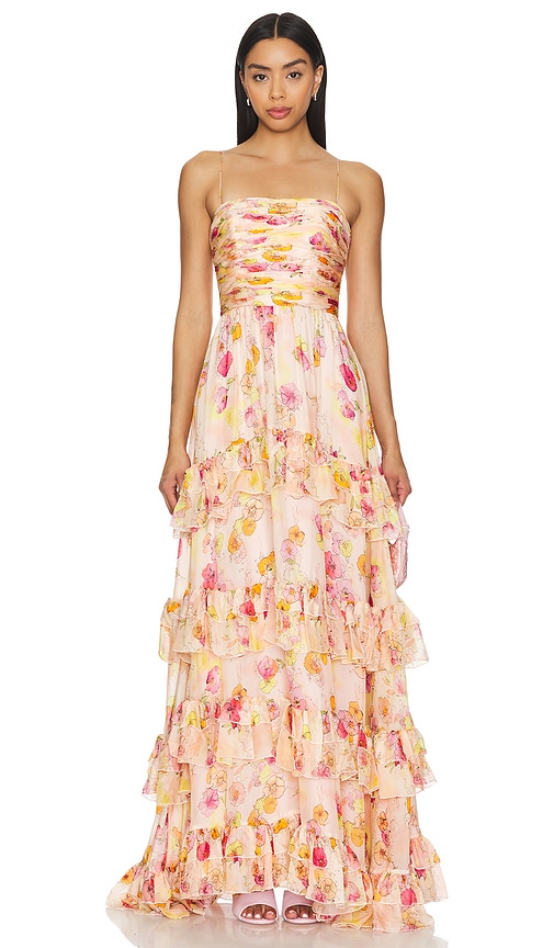 Shop Amur Mallory Tiered Gown In Flowers In Cloud