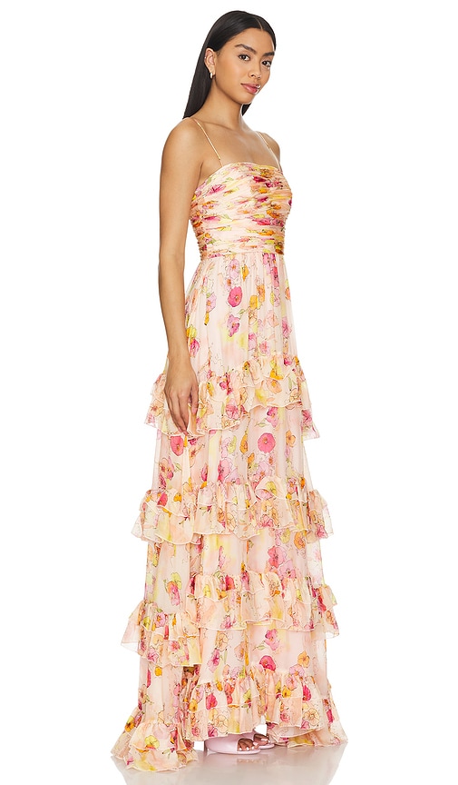 Shop Amur Mallory Tiered Gown In Flowers In Cloud